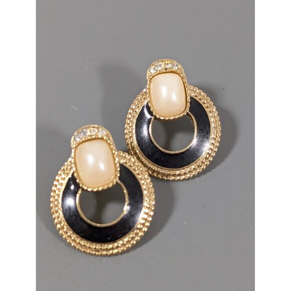 Vintage 1928 Faux Pearl Door Knocker Earrings Black Enamel Gold Tone Rhinestone - Picture 2 of 6
